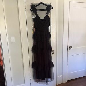 NWT Lulus Pure Radiance Black Mesh Swiss Dot Tiered Maxi Dress